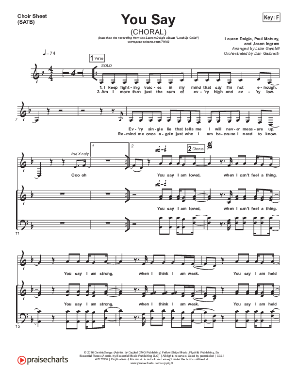 You Say (Choral Anthem SATB) Choir Sheet (SATB) (Lauren Daigle / Arr. Luke Gambill)