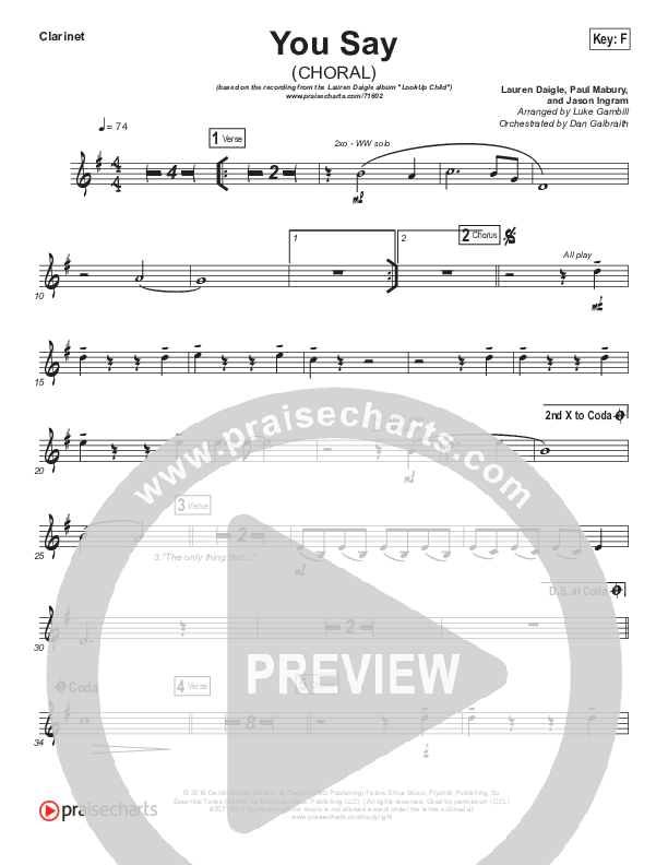 You Say (Choral Anthem SATB) Wind Pack (Lauren Daigle / Arr. Luke Gambill)