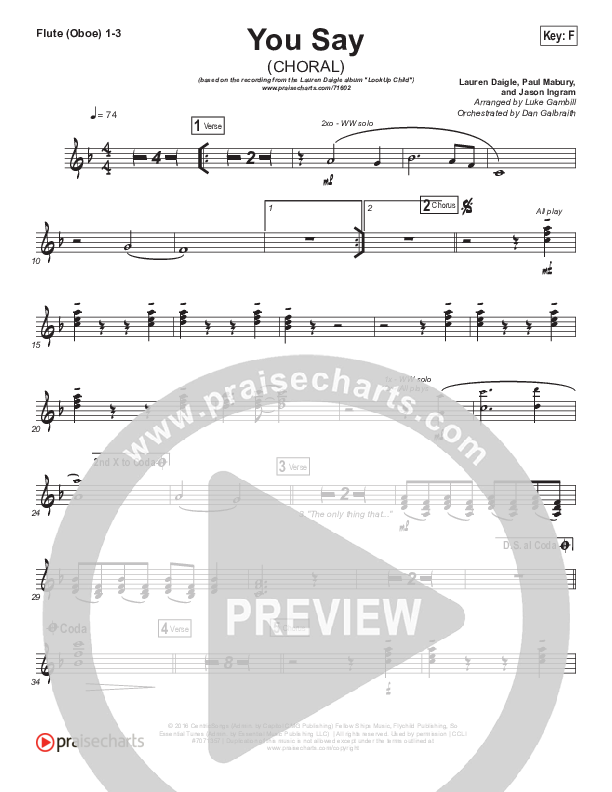 You Say (Choral Anthem SATB) Flute/Oboe 1/2/3 (Lauren Daigle / Arr. Luke Gambill)