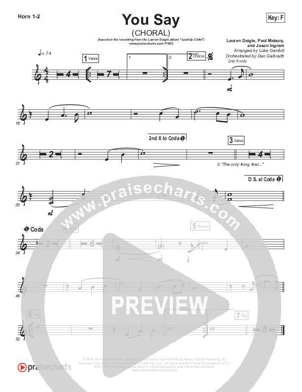 You Say (Choral Anthem SATB) French Horn 1,2 (Lauren Daigle / Arr. Luke Gambill)