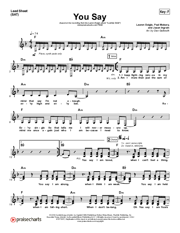 You Say (Choral Anthem SATB) Lead Sheet (SAT) (Lauren Daigle / Arr. Luke Gambill)