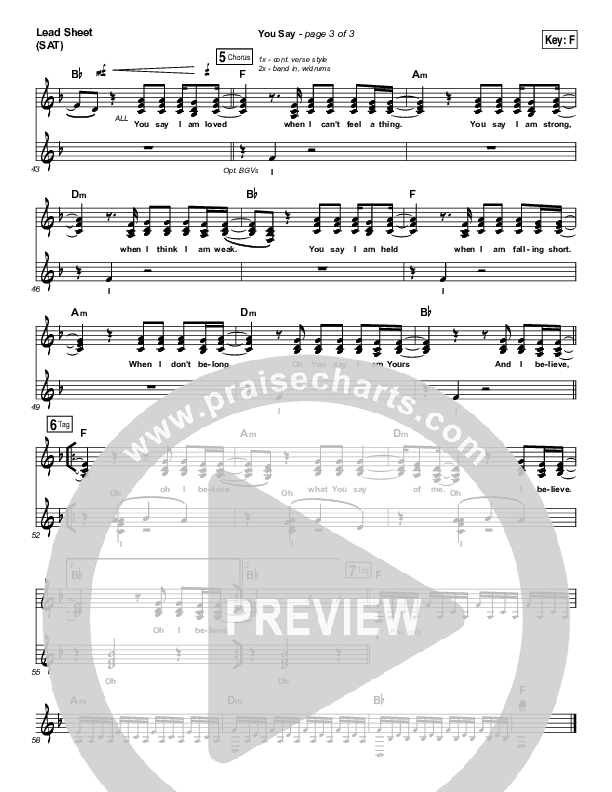 You Say (Choral Anthem SATB) Lead Sheet (SAT) (Lauren Daigle / Arr. Luke Gambill)