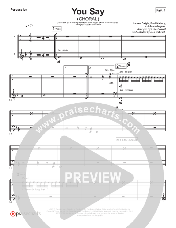 You Say (Choral Anthem SATB) Percussion (Lauren Daigle / Arr. Luke Gambill)