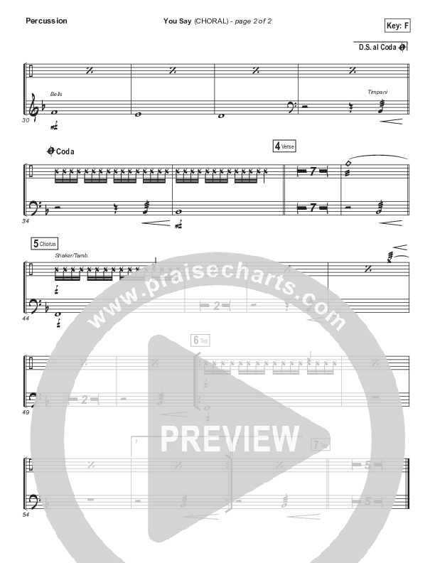 You Say (Choral Anthem SATB) Percussion (Lauren Daigle / Arr. Luke Gambill)