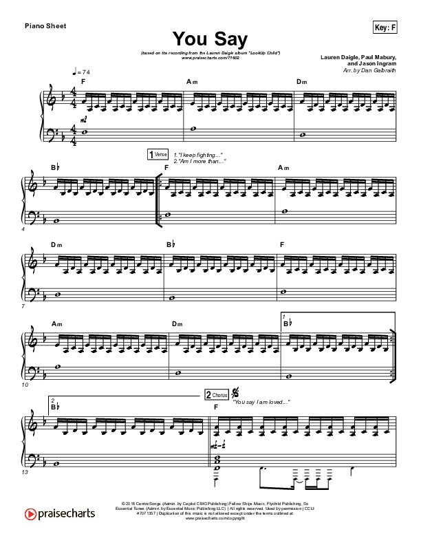 You Say (Choral Anthem SATB) Piano Sheet (Lauren Daigle / Arr. Luke Gambill)