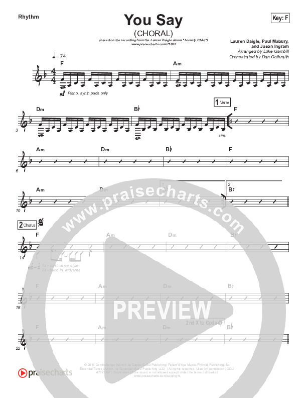 You Say (Choral Anthem SATB) Rhythm Chart (Lauren Daigle / Arr. Luke Gambill)