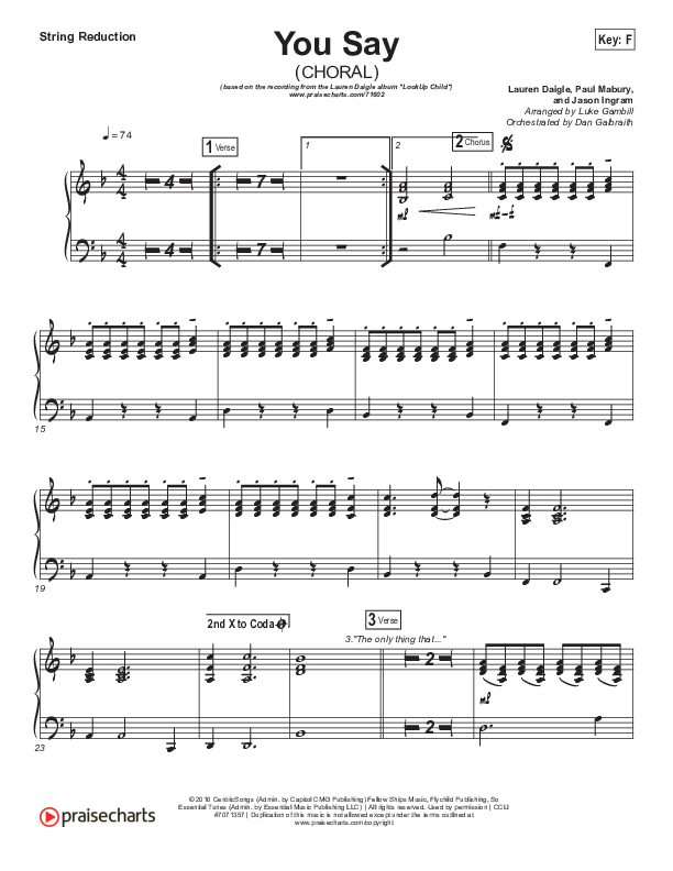 You Say (Choral Anthem SATB) Synth Strings (Lauren Daigle / Arr. Luke Gambill)