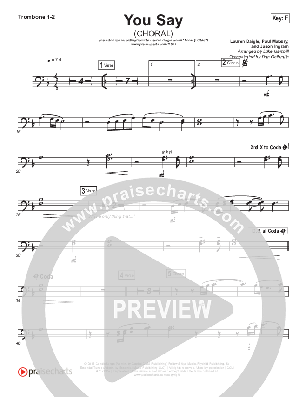 You Say (Choral Anthem SATB) Trombone 1/2 (Lauren Daigle / Arr. Luke Gambill)
