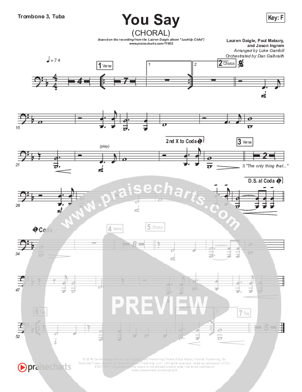 You Say (Choral Anthem SATB) Trombone 1,2 (Lauren Daigle / Arr. Luke Gambill)