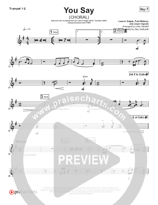 You Say (Choral Anthem SATB) Brass Pack (Lauren Daigle / Arr. Luke Gambill)