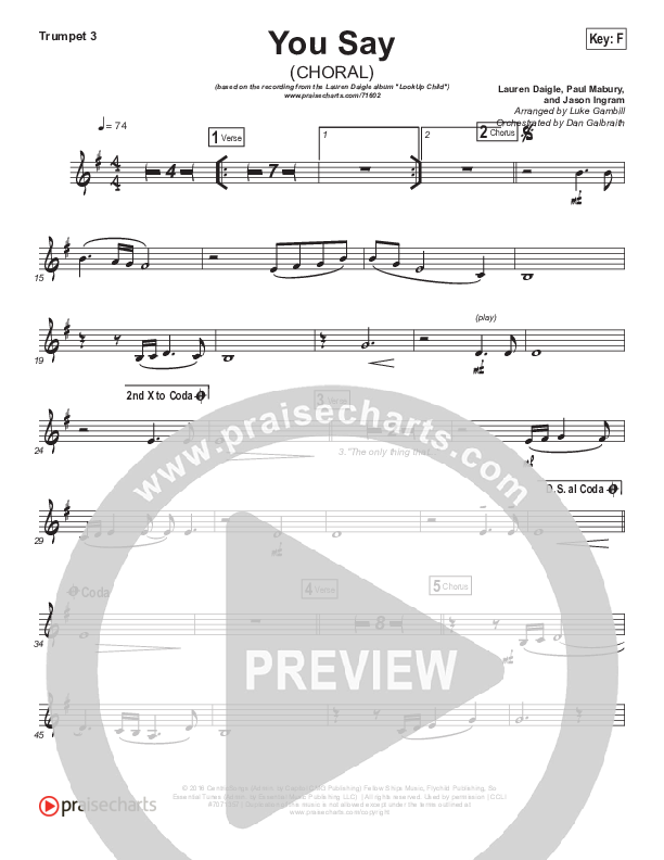 You Say (Choral Anthem SATB) Trumpet 1,2 (Lauren Daigle / Arr. Luke Gambill)