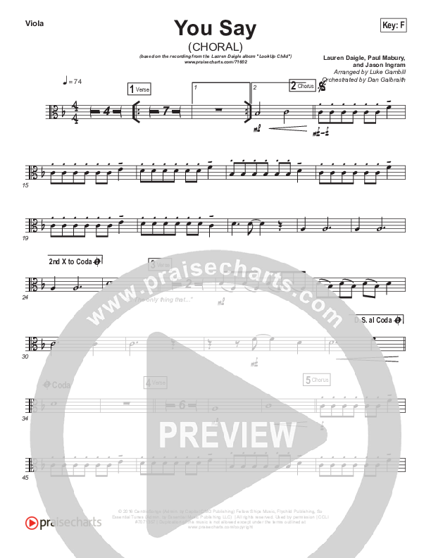 You Say (Choral Anthem SATB) Viola (Lauren Daigle / Arr. Luke Gambill)