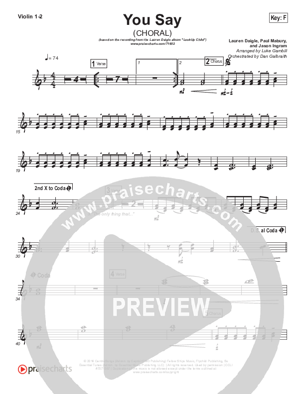 You Say (Choral Anthem SATB) Violin 1,2 (Lauren Daigle / Arr. Luke Gambill)