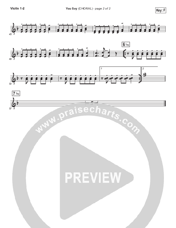You Say (Choral Anthem SATB) Violin 1,2 (Lauren Daigle / Arr. Luke Gambill)