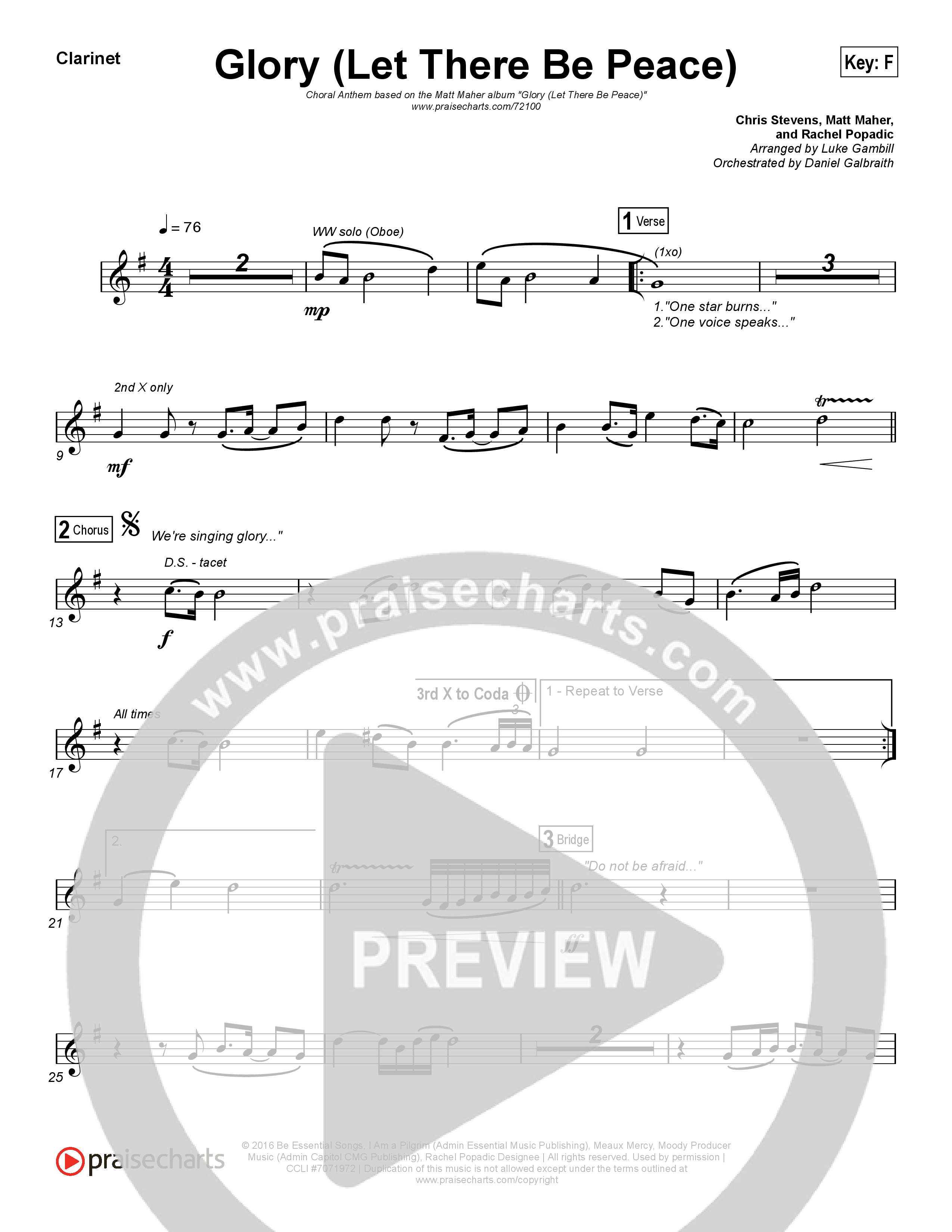 Glory (Let There Be Peace) (Choral Anthem SATB) Clarinet (Matt Maher / Arr. Luke Gambill)
