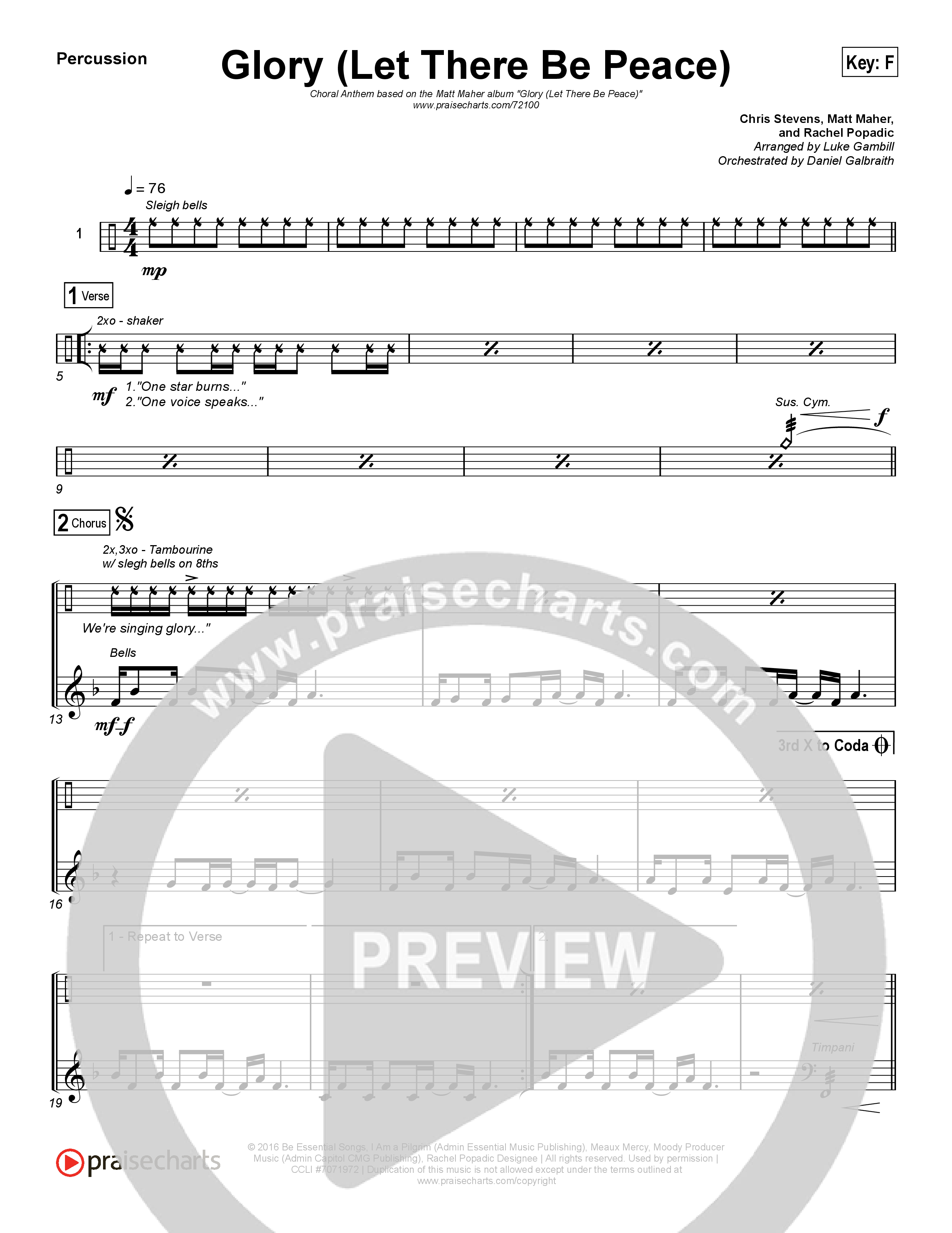 Glory (Let There Be Peace) (Choral Anthem SATB) Percussion (Matt Maher / Arr. Luke Gambill)