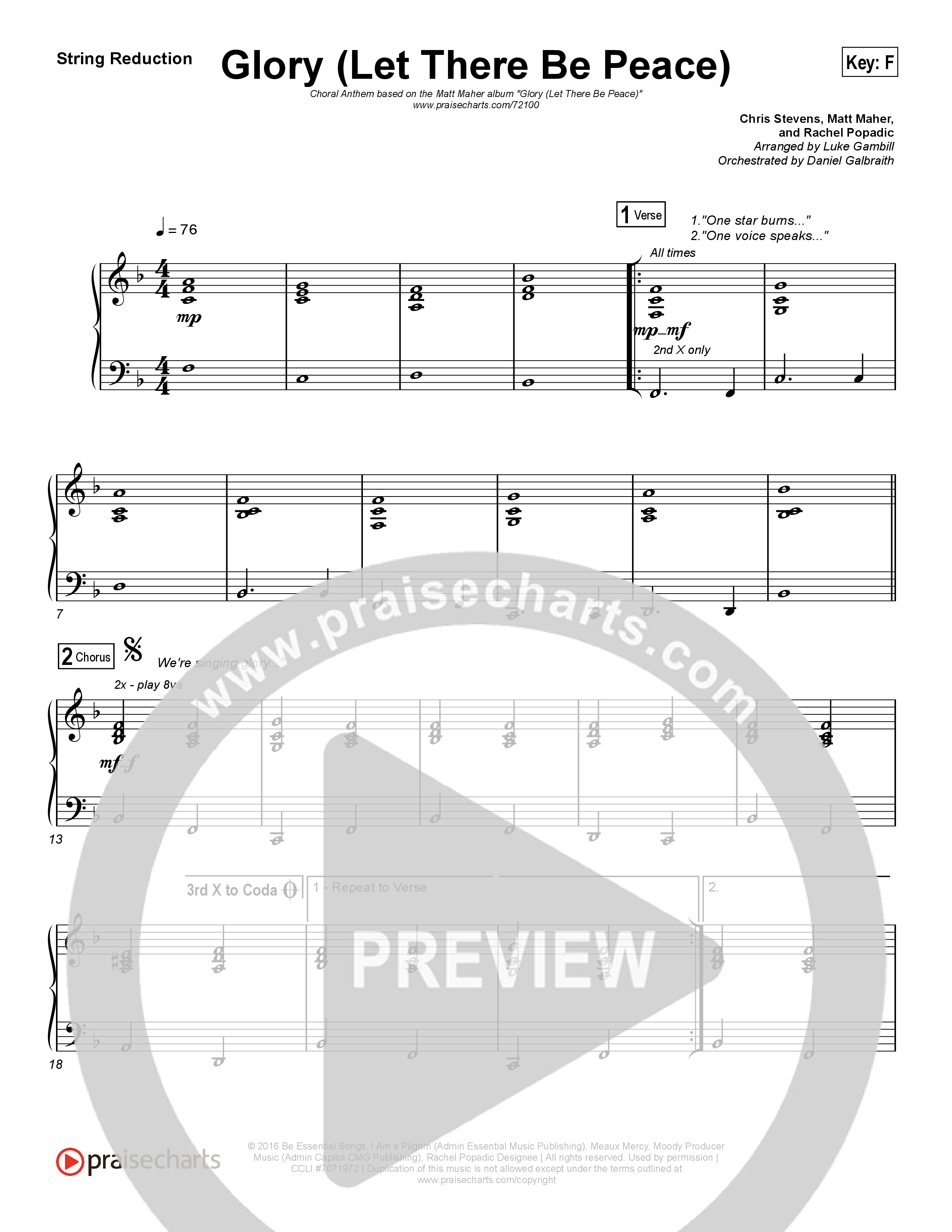 Glory (Let There Be Peace) (Choral Anthem SATB) String Pack (Matt Maher / Arr. Luke Gambill)