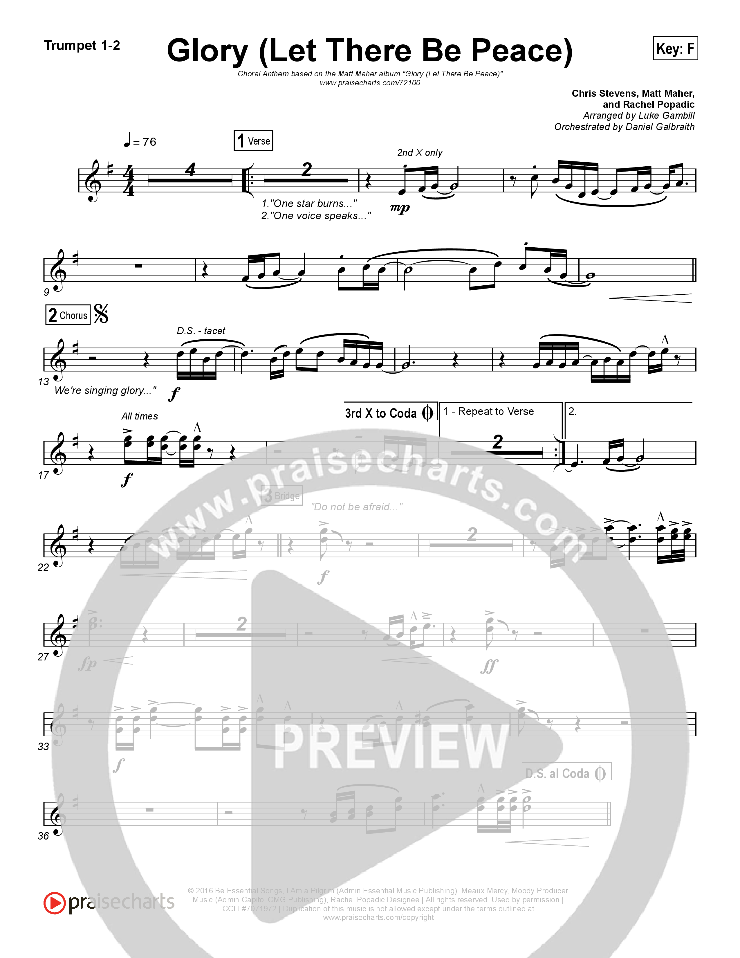 Glory (Let There Be Peace) (Choral Anthem SATB) Trumpet 1,2 (Matt Maher / Arr. Luke Gambill)