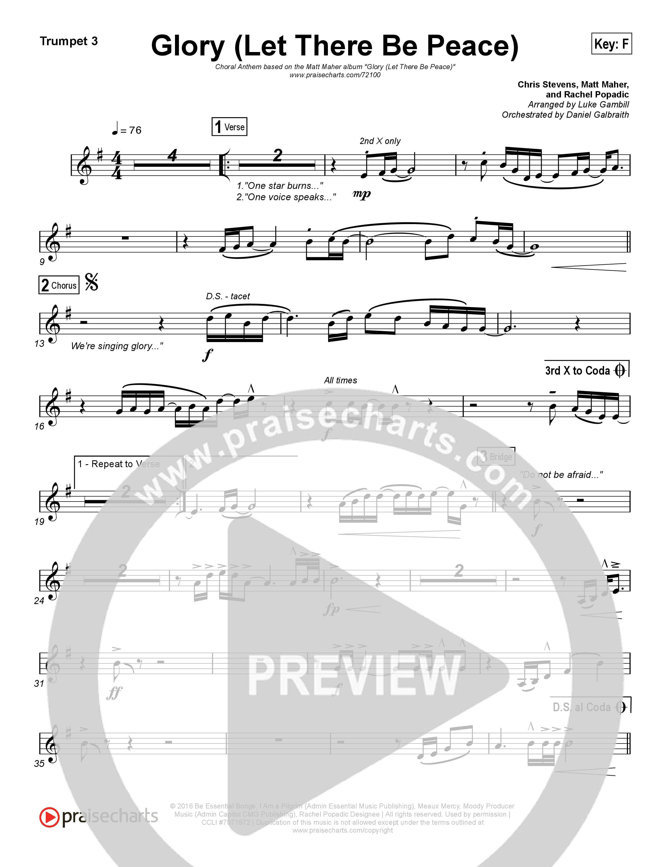 Glory (Let There Be Peace) (Choral Anthem SATB) Trumpet 3 (Matt Maher / Arr. Luke Gambill)