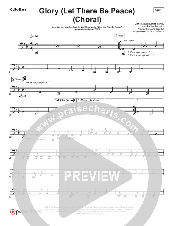 Glory (Let There Be Peace) (Choral Anthem SATB) Cello/Bass (Matt Maher / Arr. Luke Gambill)