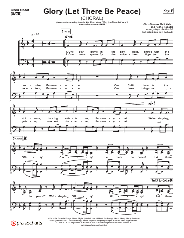 Glory (Let There Be Peace) (Choral Anthem SATB) Choir Vocals (SATB) (Matt Maher / Arr. Luke Gambill)