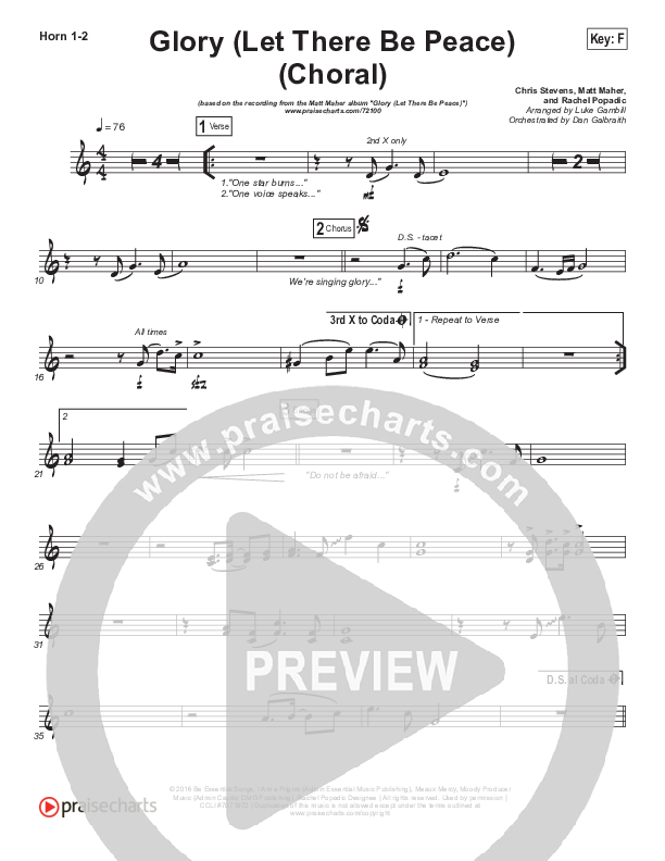 Glory (Let There Be Peace) (Choral Anthem SATB) French Horn 1/2 (Matt Maher / Arr. Luke Gambill)