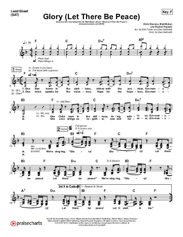 Glory (Let There Be Peace) (Choral Anthem SATB) Lead Sheet (SAT) (Matt Maher / Arr. Luke Gambill)