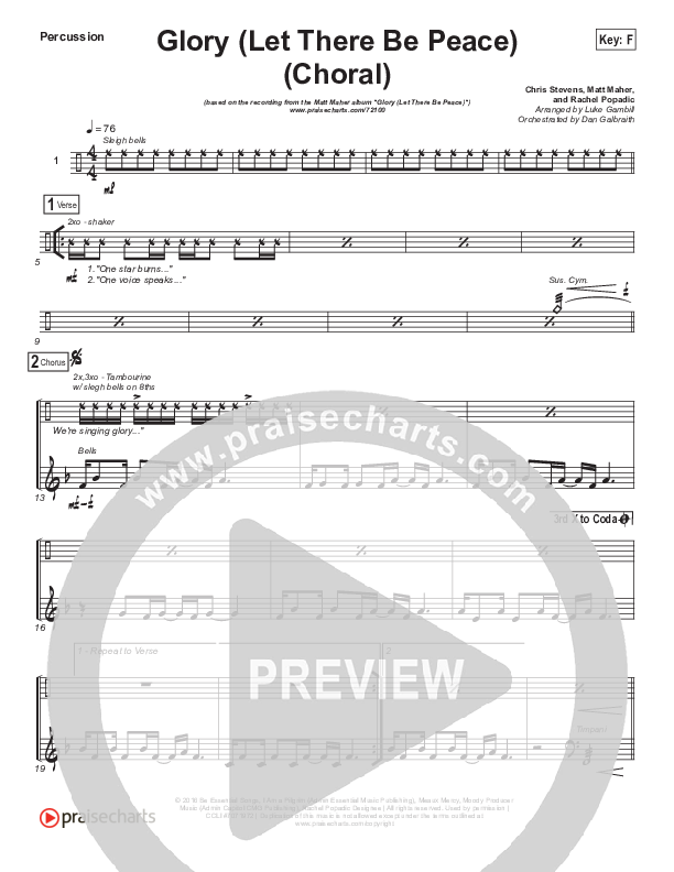 Glory (Let There Be Peace) (Choral Anthem SATB) Percussion (Matt Maher / Arr. Luke Gambill)