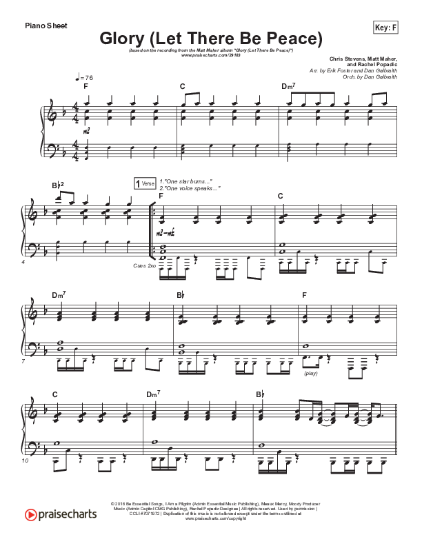 Glory (Let There Be Peace) (Choral Anthem SATB) Piano Sheet (Matt Maher / Arr. Luke Gambill)