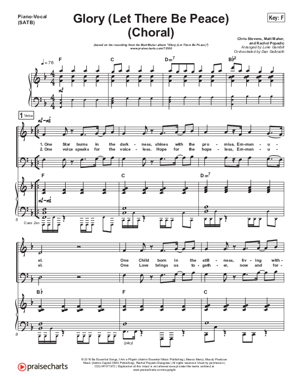 Glory (Let There Be Peace) (Choral Anthem SATB) Piano/Vocal Pack (Matt Maher / Arr. Luke Gambill)