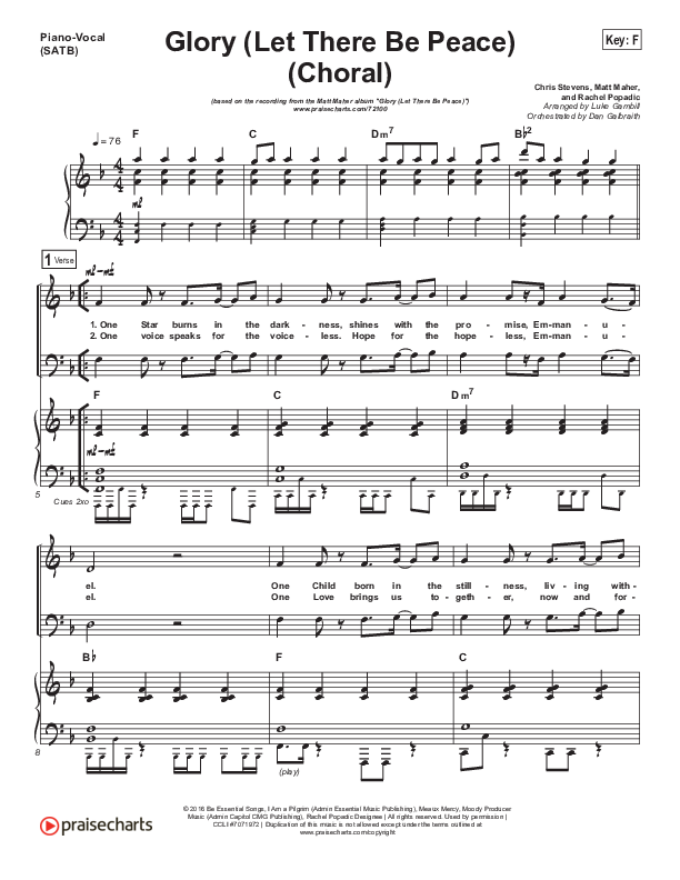 Glory (Let There Be Peace) (Choral Anthem SATB) Piano/Vocal (SATB) (Matt Maher / Arr. Luke Gambill)