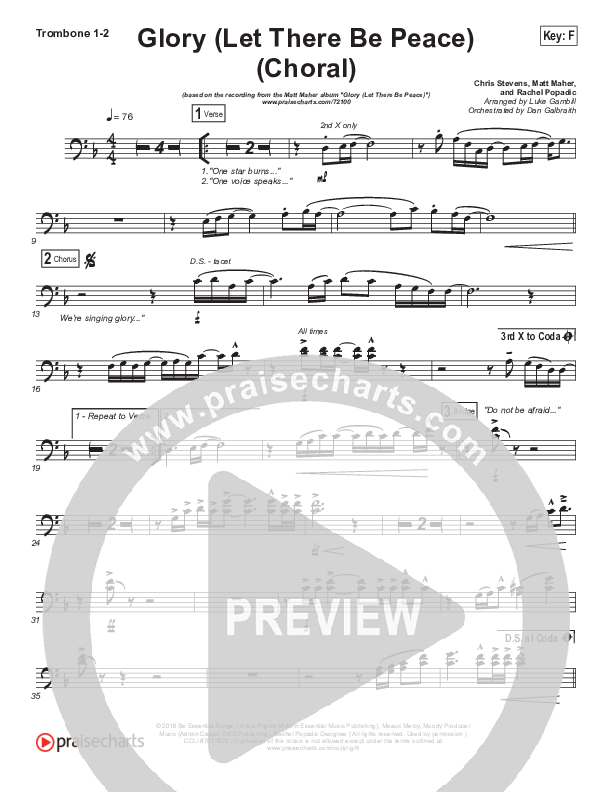Glory (Let There Be Peace) (Choral Anthem SATB) Trombone 1/2 (Matt Maher / Arr. Luke Gambill)