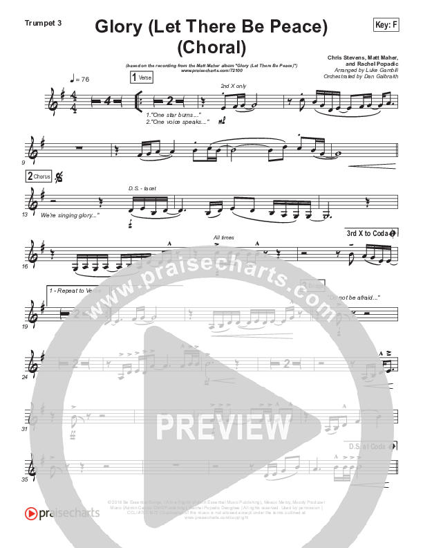 Glory (Let There Be Peace) (Choral Anthem SATB) Trumpet 3 (Matt Maher / Arr. Luke Gambill)