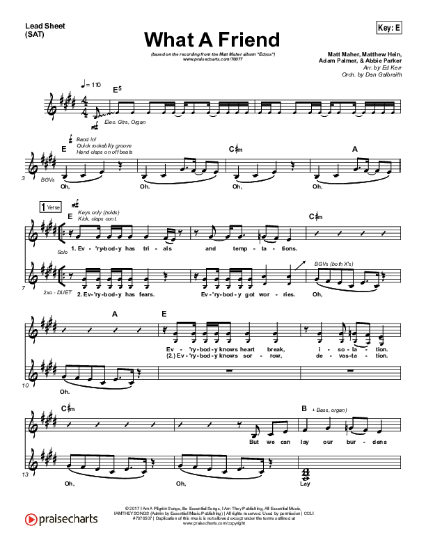 What A Friend (Choral Anthem SATB) Lead Sheet (SAT) (Matt Maher / Arr. Luke Gambill)