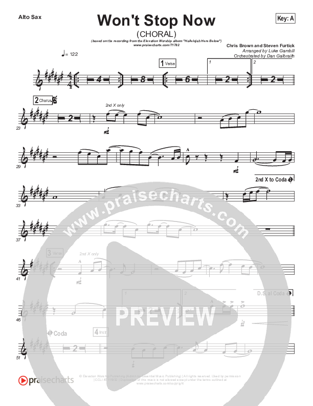 Won't Stop Now (Choral Anthem SATB) Alto Sax (Elevation Worship / Arr. Luke Gambill)