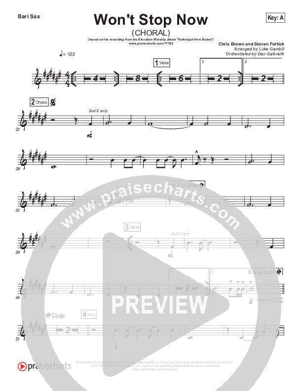 Won't Stop Now (Choral Anthem SATB) Bari Sax (Elevation Worship / Arr. Luke Gambill)