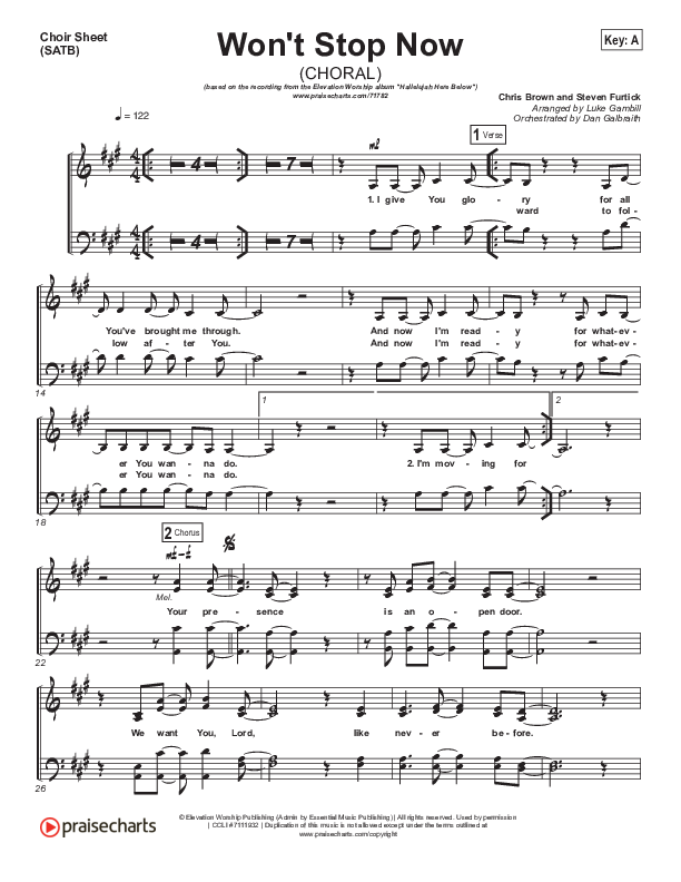 Won't Stop Now (Choral Anthem SATB) Choir Vocals (SATB) (Elevation Worship / Arr. Luke Gambill)