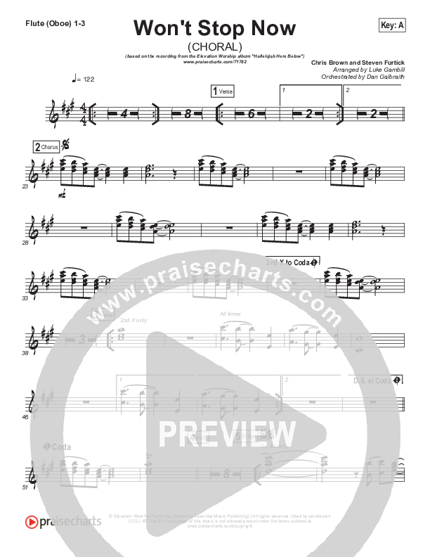 Won't Stop Now (Choral Anthem SATB) Flute/Oboe 1/2/3 (Elevation Worship / Arr. Luke Gambill)