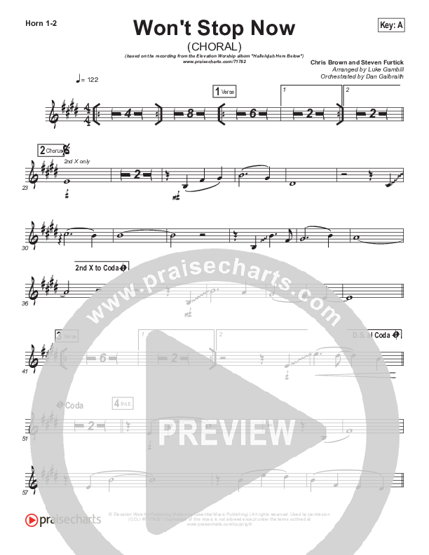 Won't Stop Now (Choral Anthem SATB) French Horn 1/2 (Elevation Worship / Arr. Luke Gambill)