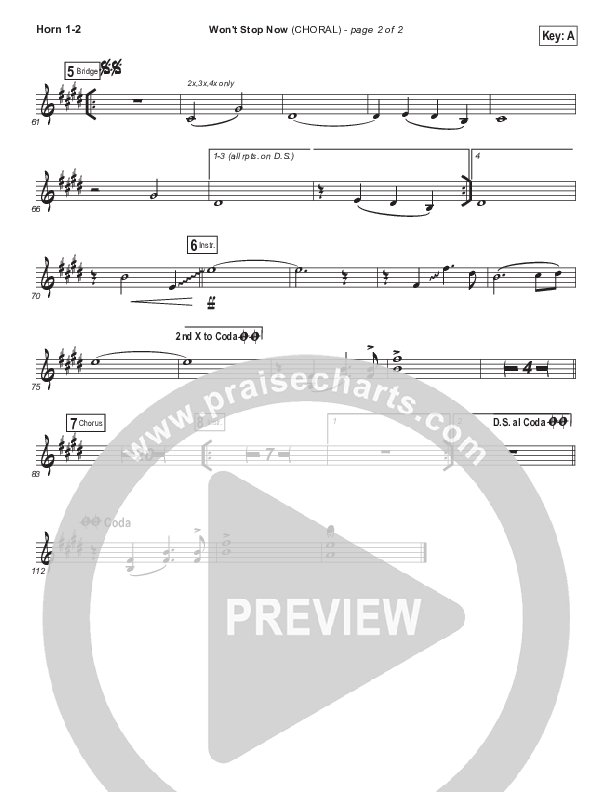 Won't Stop Now (Choral Anthem SATB) French Horn 1/2 (Elevation Worship / Arr. Luke Gambill)