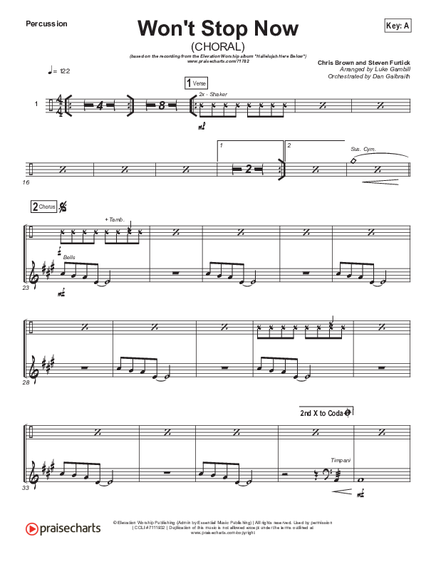 Won't Stop Now (Choral Anthem SATB) Percussion (Elevation Worship / Arr. Luke Gambill)