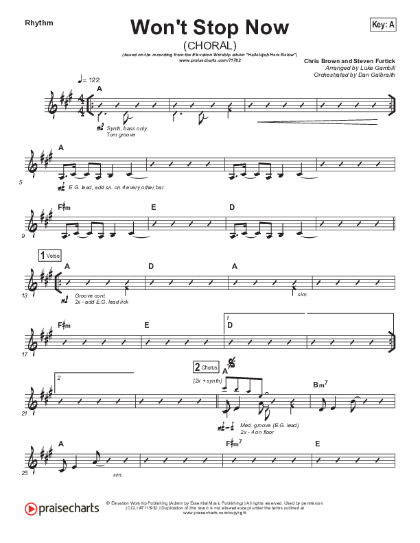 Won't Stop Now (Choral Anthem SATB) Rhythm Chart (Elevation Worship / Arr. Luke Gambill)
