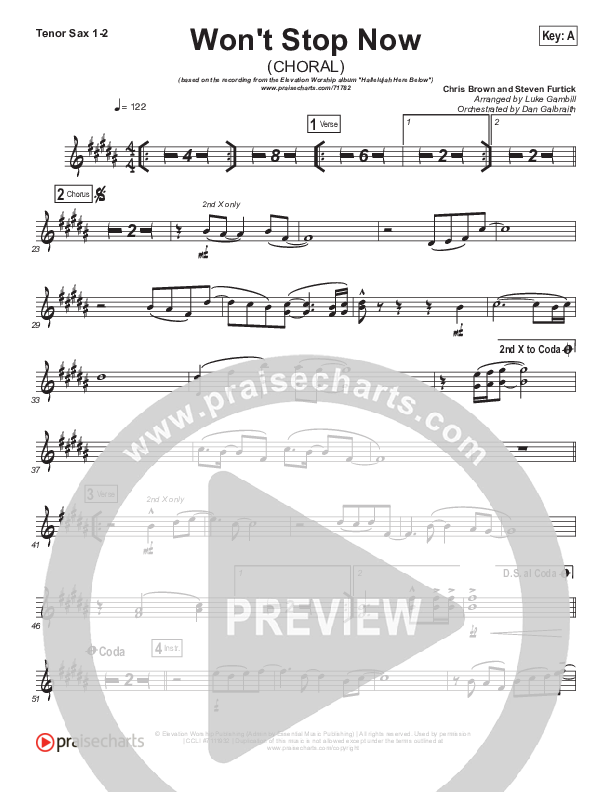 Won't Stop Now (Choral Anthem SATB) Tenor Sax 1/2 (Elevation Worship / Arr. Luke Gambill)