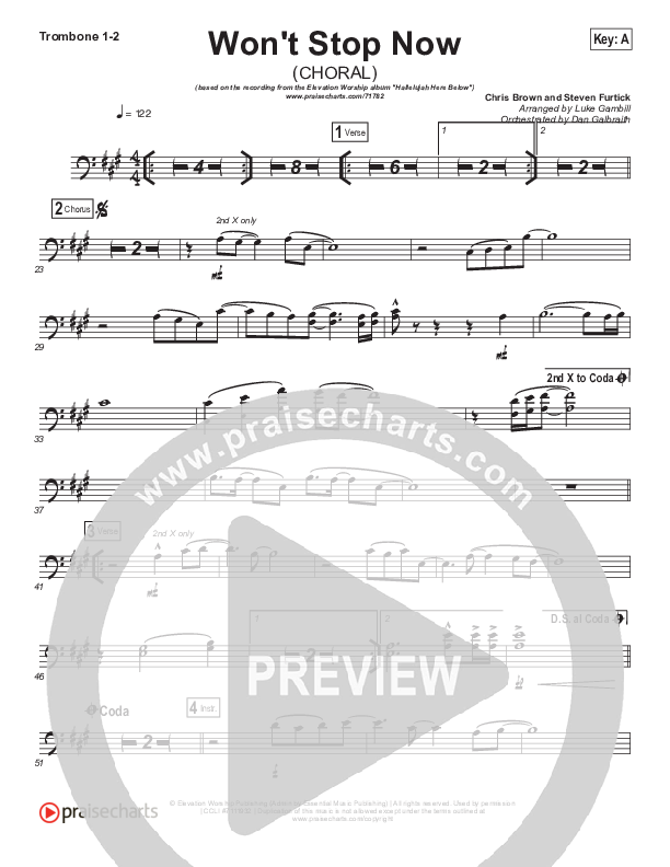 Won't Stop Now (Choral Anthem SATB) Trombone 1/2 (Elevation Worship / Arr. Luke Gambill)