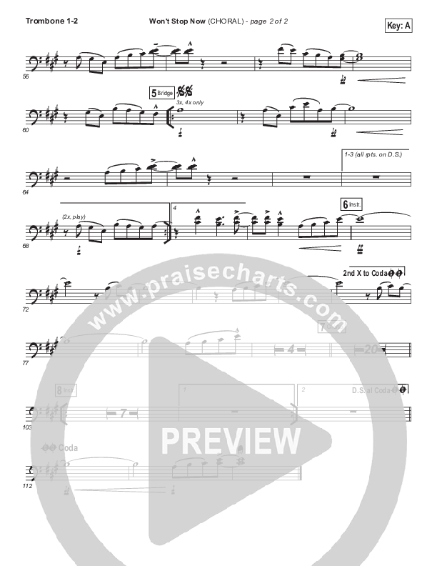 Won't Stop Now (Choral Anthem SATB) Trombone 1/2 (Elevation Worship / Arr. Luke Gambill)