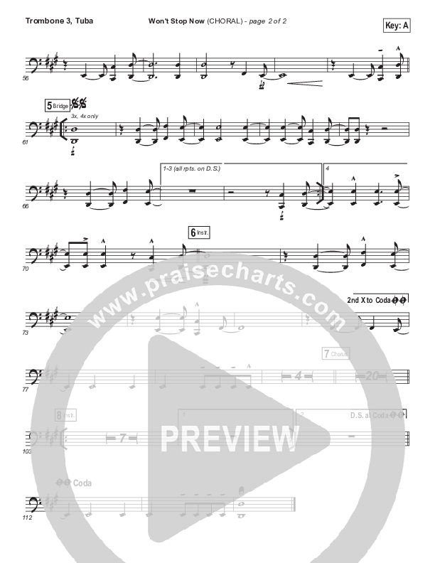 Won't Stop Now (Choral Anthem SATB) Trombone 3/Tuba (Elevation Worship / Arr. Luke Gambill)