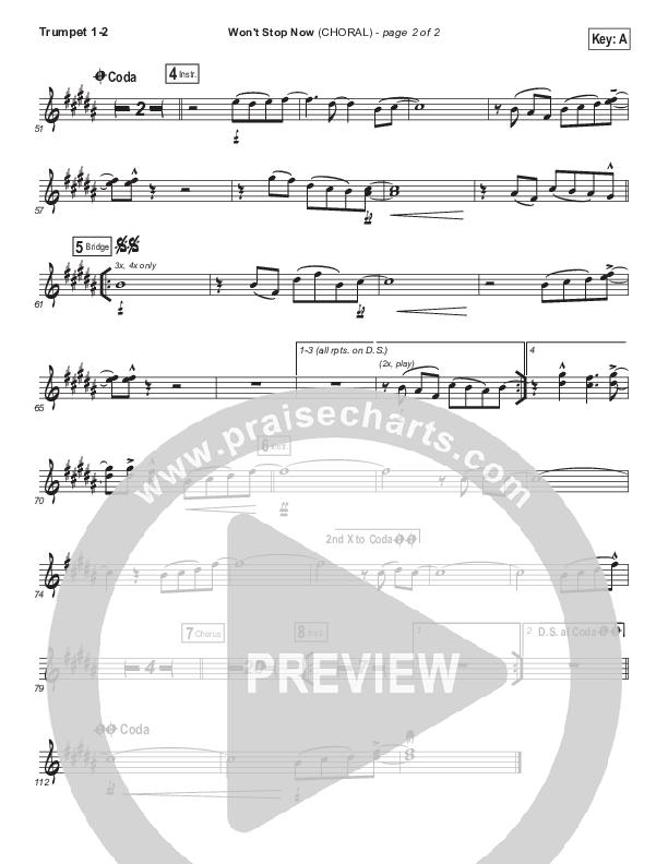 Won't Stop Now (Choral Anthem SATB) Trumpet 1,2 (Elevation Worship / Arr. Luke Gambill)