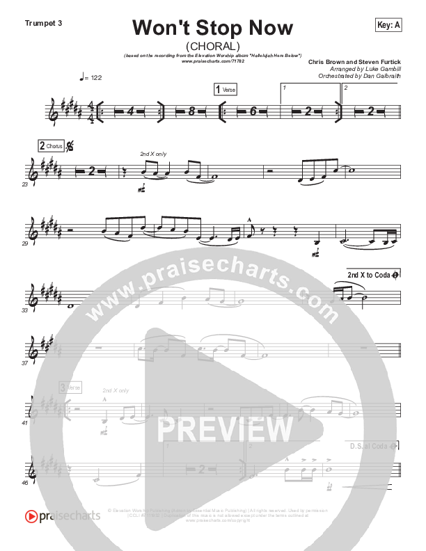 Won't Stop Now (Choral Anthem SATB) Trumpet 3 (Elevation Worship / Arr. Luke Gambill)