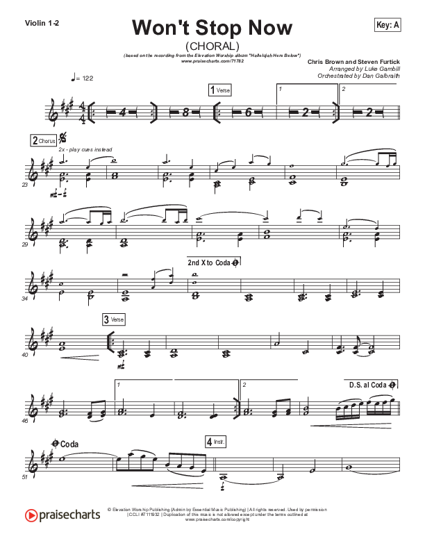 Won't Stop Now (Choral Anthem SATB) Violin 1/2 (Elevation Worship / Arr. Luke Gambill)