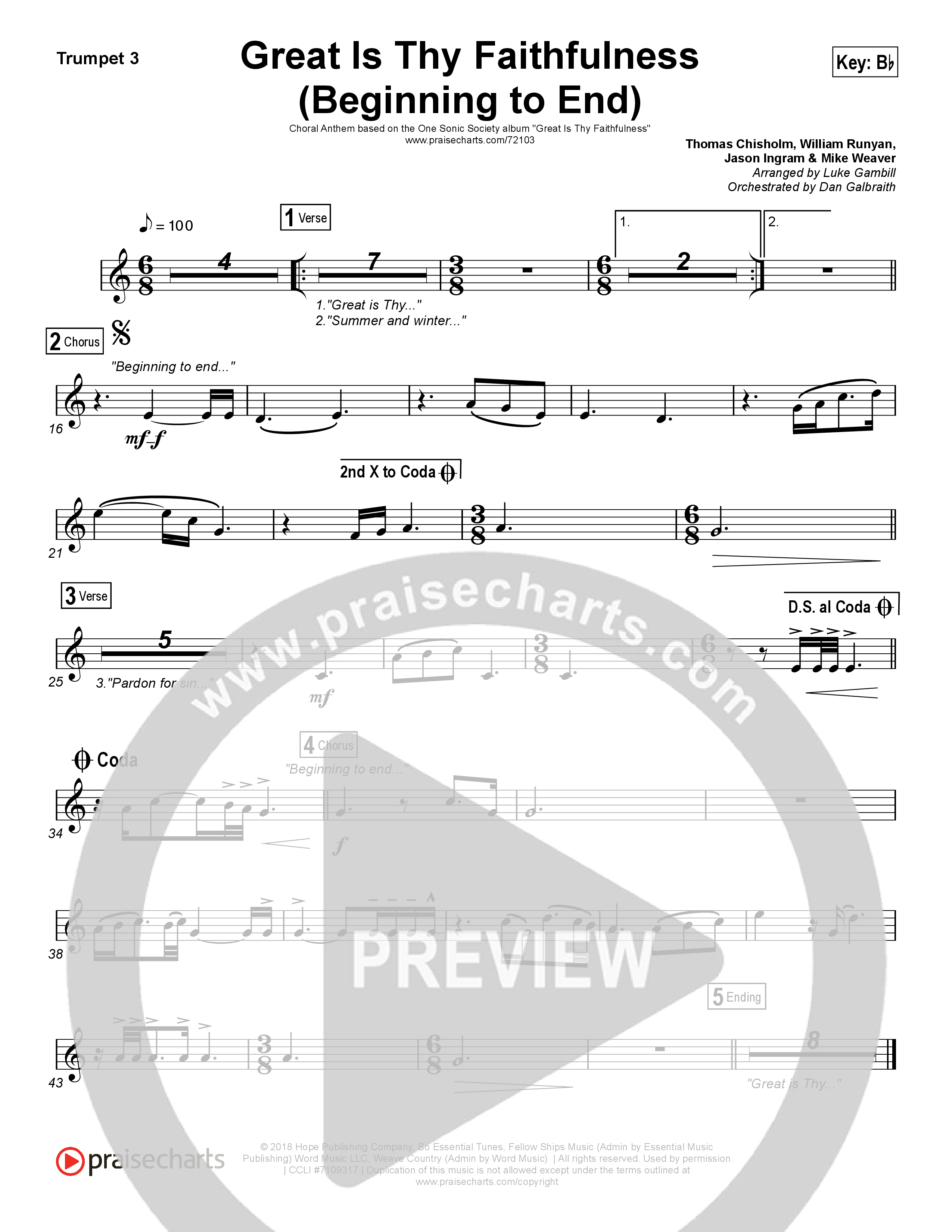 Great Is Thy Faithfulness (Beginning To End) (Choral Anthem SATB) Trumpet 3 (One Sonic Society / Arr. Luke Gambill)